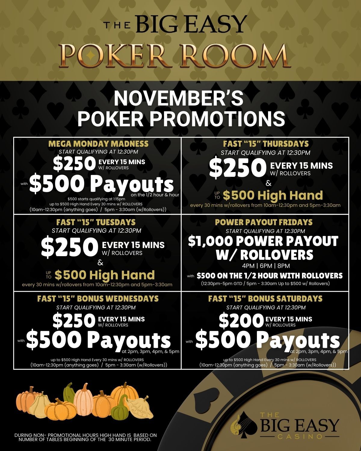 November Poker Promotions at The Big Easy Casino in Hallandale Beach, Florida