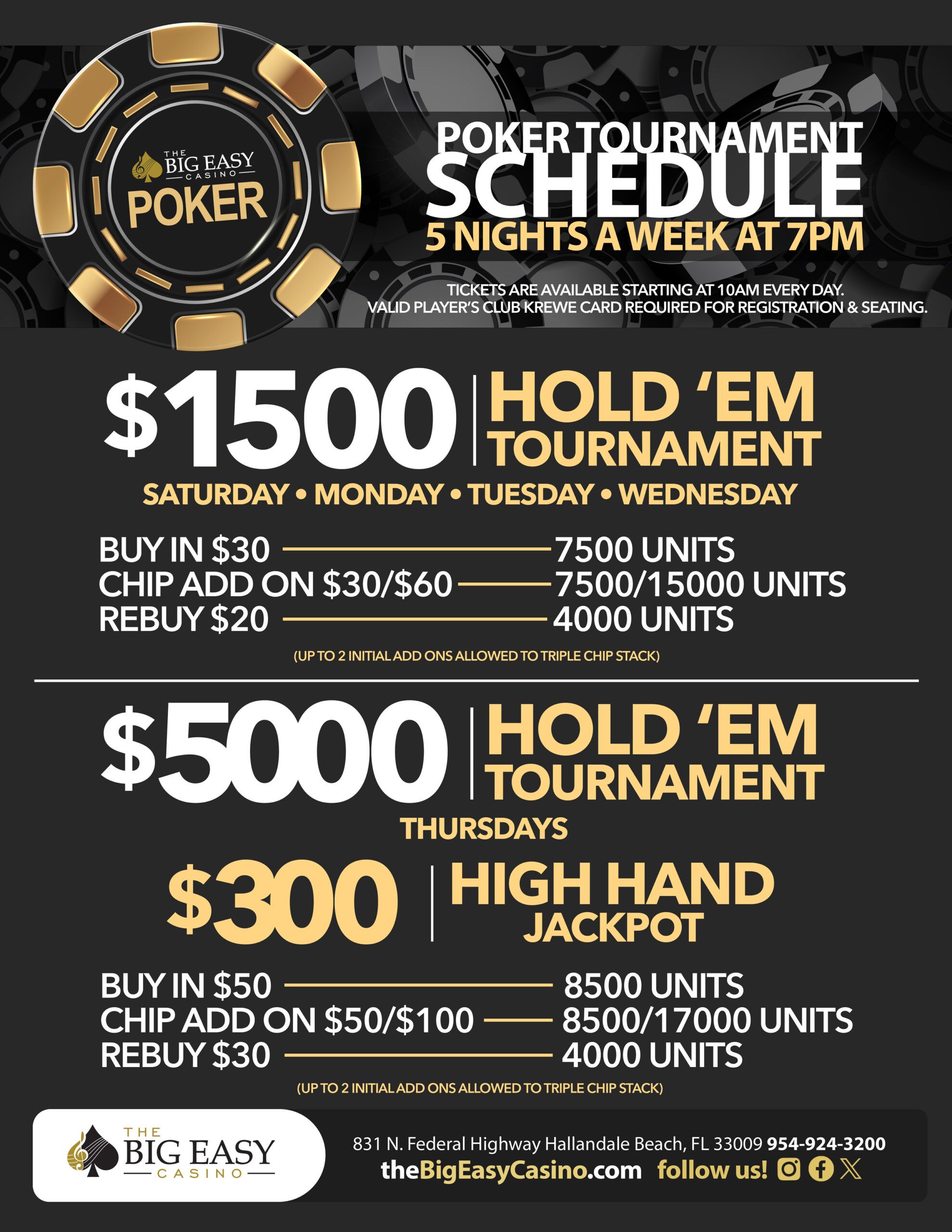 Poker Tournament Schedule at The Big Easy Casino in Hallandale Beach, FL